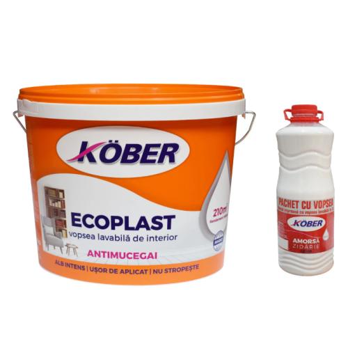 Vopsea lavabila interior, Ecoplast, antimucegai, alba, 15 L + amorsa Kober 3 L